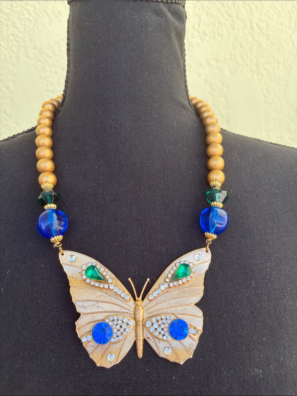 Vintage Butterfly Pendant Necklace with Blue & Green Accents